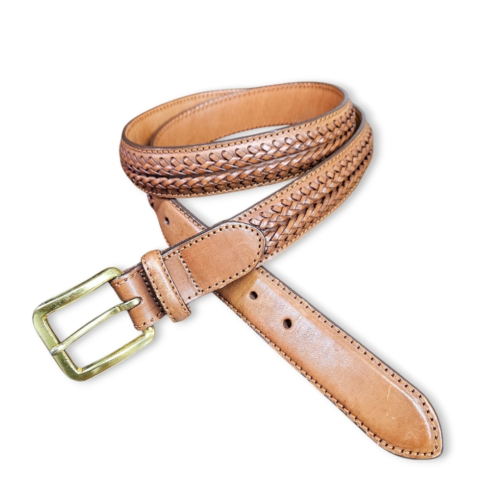 Lands' End 37-41" NEW Belt Leather Brown Woven Double Braided Handcrafted Brass